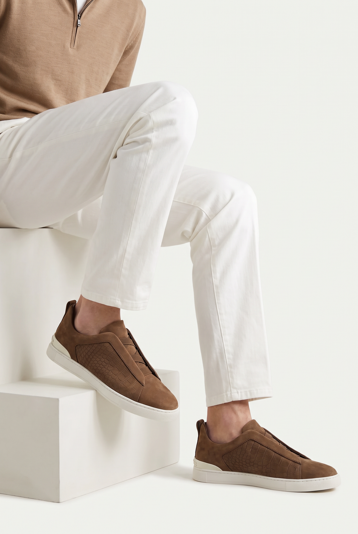 Monaco Suede Crocodile Sneaker Cognac