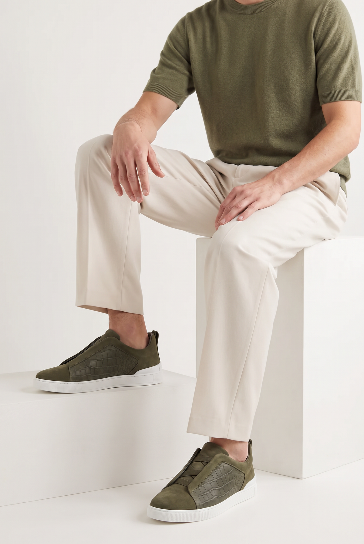 Monaco Suede Crocodile Sneaker Olive